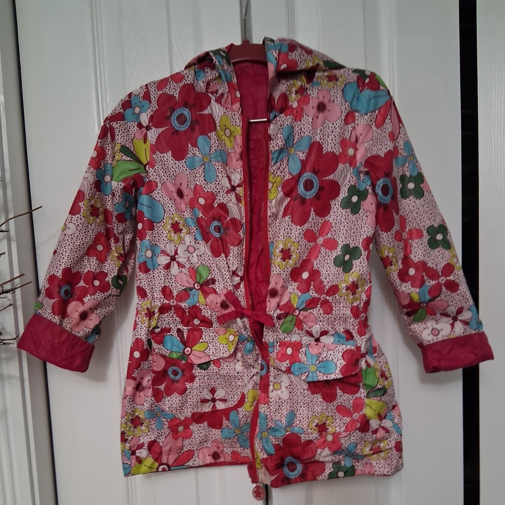 Boboli Colorful Floral Kids Hooded Reversible Raincoat